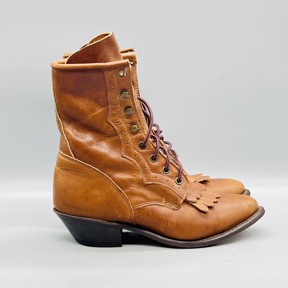 Durango Boots Womens 6.5 Brown Leather Lace Up Fringe Western Ankle Vtg Granny